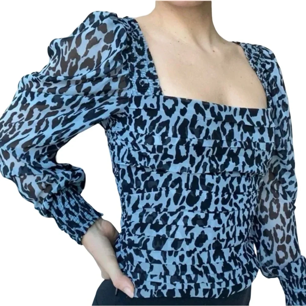 ZARA Womens Blue Animal Print Balloon Long Sleeve Pleated Crop Blouse Top Small